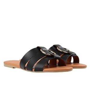 Pieces Vivi Black Leather Sandals Open Toe Slide On Shoes Size 38 7.5 8 Summer